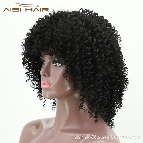 Aisi Hair Drop Shipping Short Kinky Curly Wigs For Black Women With Bangs Afro Curly Fluffy High Temperature Fiber Wigs